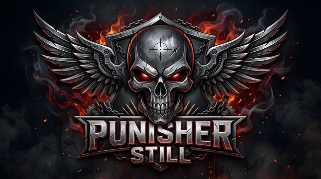 Metallic Skull with Wings and Fire Background in a Dark Cinematic Style