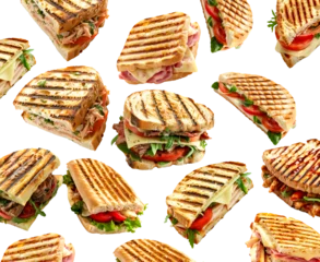 Multiple grilled panini sandwiches isolated on white background, showing concept of fresh food and appetizing meals © boule1301