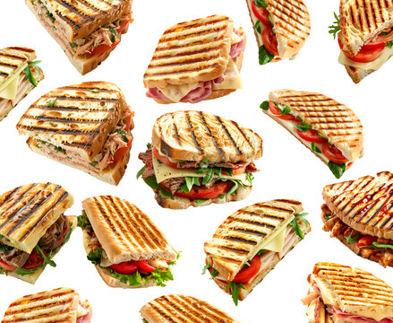 Multiple grilled panini sandwiches isolated on white background, showing concept of fresh food and appetizing meals