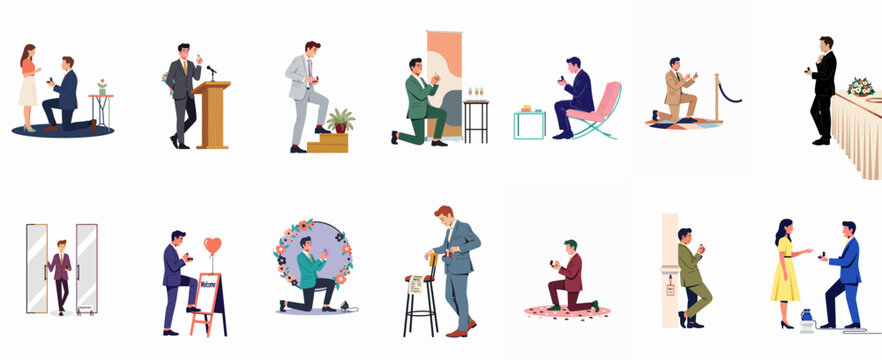 Collection of flat illustrations showing men in suits proposing with engagement rings in various romantic settings and scenarios.