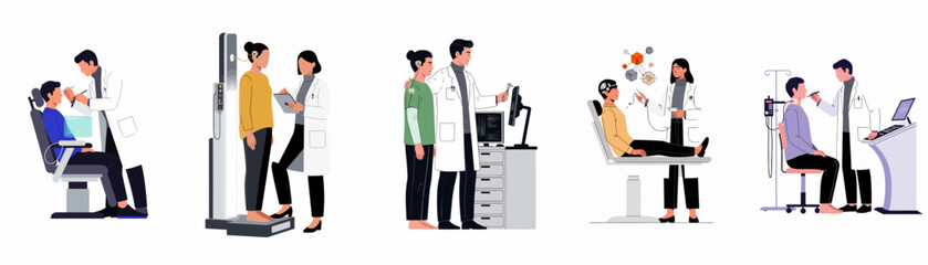 Fototapeta premium Set of illustrations depicting healthcare professionals conducting advanced medical examinations, brain scans, and body diagnostics using futuristic technology and modern equipment.