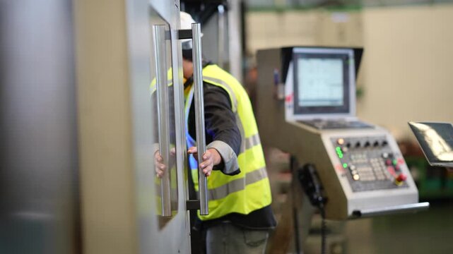 Factory engineers collaborate in front of CNC machine while checking production information on laptop beside parts cleaning cabinet. Precision manufacturing and industrial teamwork concept.