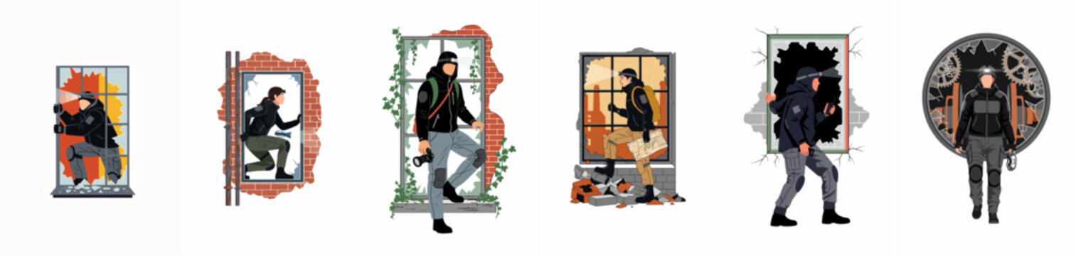 Set of urban exploration illustrations featuring adventurers in tactical gear exploring abandoned buildings, ruined industrial sites, and broken windows with headlamps and cameras.