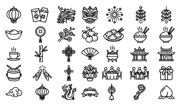 Traditional Chinese New Year Linear Outline Icons Set Editable Vector on White