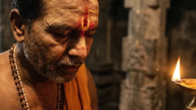 Hindu Devotee Applying Tilak during Temple Ritual, Illuminating Spiritual Practice with Oil Lamp
