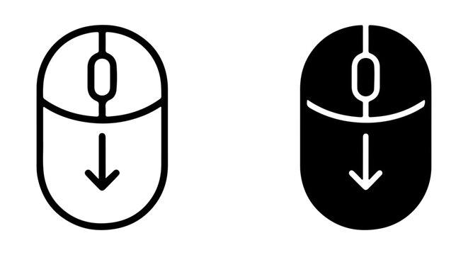 Computer Mouse Icons, Scroll Down Symbol, Input Device Vector Graphics, Black and White Clicks