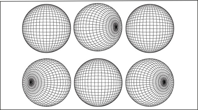 3D spherical mesh globes, wireframe geometry template vector isolated collection design