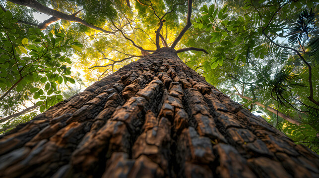 Low angle view of majestic ancient tree canopy at Madhupur National Park Bangladesh