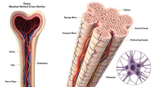 Human bone anatomy diagram. 3D medical cross section. Scientific study.