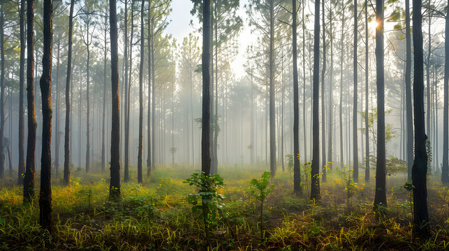 Misty morning sunbeams through tall pine trees in Madhupur National Park Bangladesh