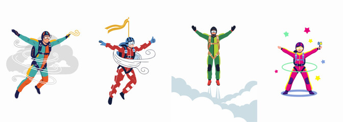 Set of Cartoon Illustrations Depicting People Participating in Extreme Skydiving and Freefalling Activities with Parachute Gear and Colorful Outfits © Giulia