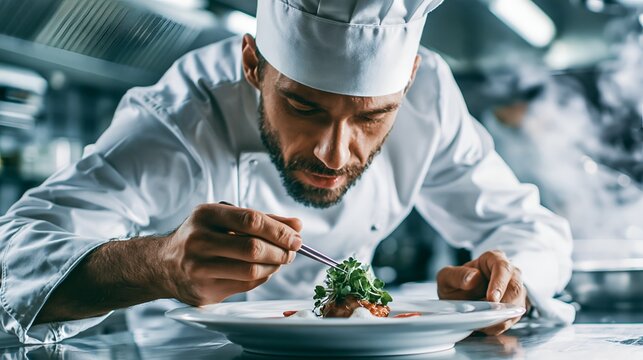 Professional young chef meticulously plating a gourmet dish in a modern restaurant kitchen