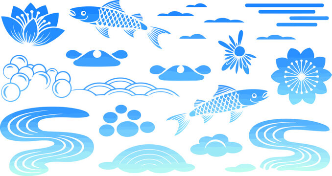 Blue Japanese Water Elements Featuring Koi Fish and Lotus Flowers wave