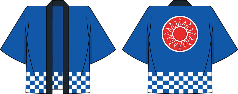 Traditional Japanese happi coat vector illustration set with blue festival kimono mockup front and back view isolated