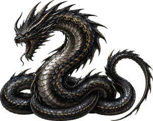 Fototapeta premium Coiled Black Dragon Illustration Featuring Ancient Mythical Serpent, Dark Fantasy Creature and Epic Tattoo Style Vector Design
