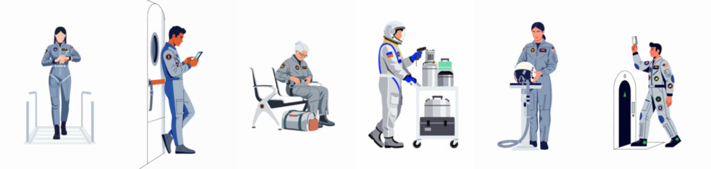 Illustration of diverse astronauts and space crew members preparing for a mission, including checking equipment, waiting, and boarding a spacecraft. © Giulia