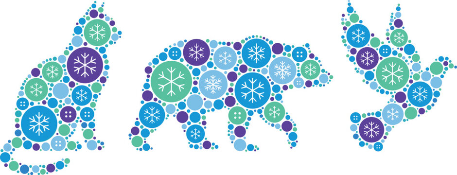 Winter animal vector shapes set with cat bear and bird made of snowflake circle buttons isolated on white background