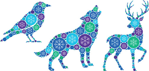 Winter animal vector silhouette shapes set with bird howling wolf and deer made of snowflake circles on white background © MstAirin