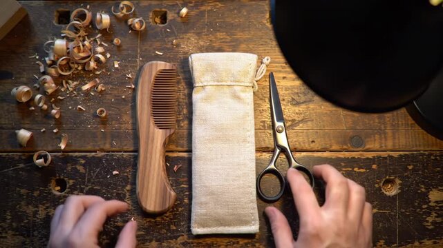 Hands arranging wooden comb, pouch, and scissors on rustic workbench with wood shavings
