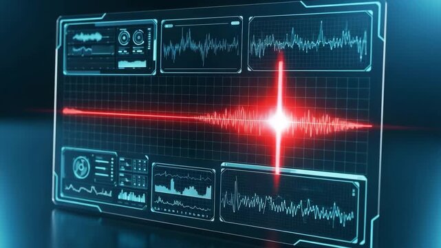 Seismic Activity Monitor A high tech digital display showcases seismic wave data indicating an earthquake's intensity with a bright red waveform and detailed graphs