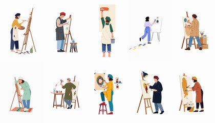 Fototapeta premium Collection of diverse artists and painters working on various canvases with palettes and brushes, set of flat vector illustrations on white background.