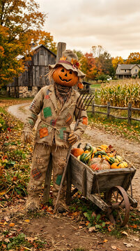 Halloween scarecrow with pumpkins and autumn farm scene