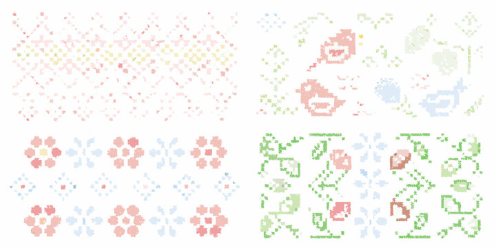 pixel art floral patterns on white background flowers botanical cross stitch digital pixelated pattern design artwork ornament