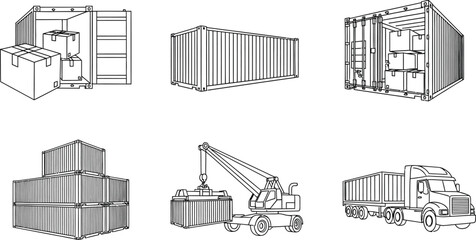 Various shipping container and logistics elements detailed outline vector illustration for global freight supply chain management and international trade concepts © Zohaib