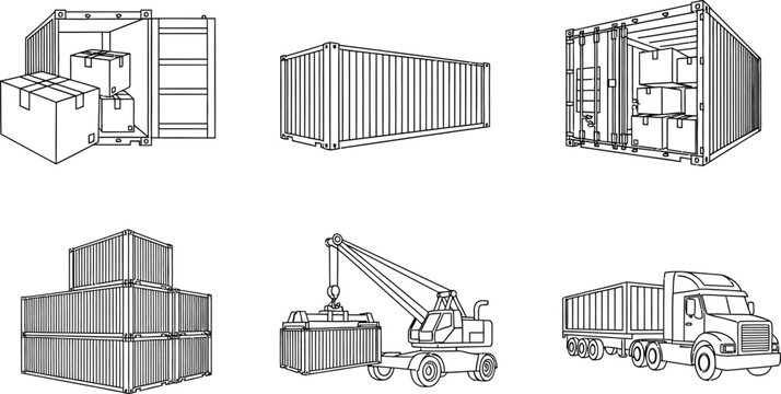 Various shipping container and logistics elements detailed outline vector illustration for global freight supply chain management and international trade concepts