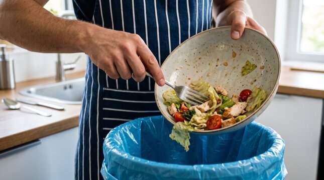 Man throwing away unfinished salad into blue trash with kitchen disposing partially unfinished meal kitchen counter partially eaten food waste