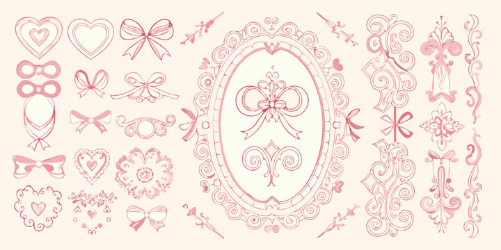 vintage decorative frame and borders in romantic pink vector style ornate bow heart scrolls floral illustration design