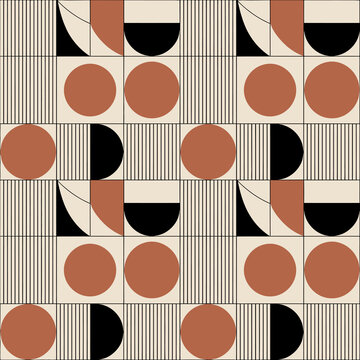 Retro geometric pattern with lines circles and semicircle shapes in terracotta and black.