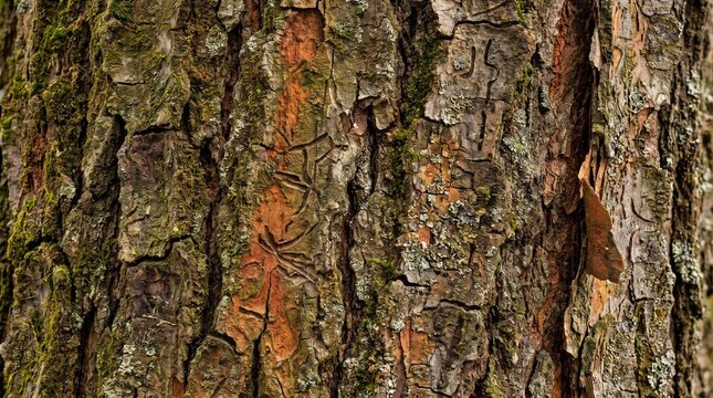 Rough textured pine tree bark featuring deep vertical grooves and patches of green moss in a detailed close up shot