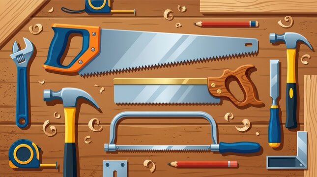 Top view of various carpentry tools arranged on a wooden workbench.