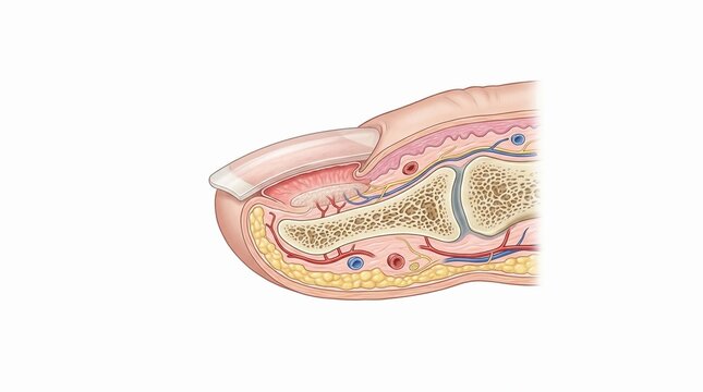 Detailed anatomical cross section of a human finger and nail