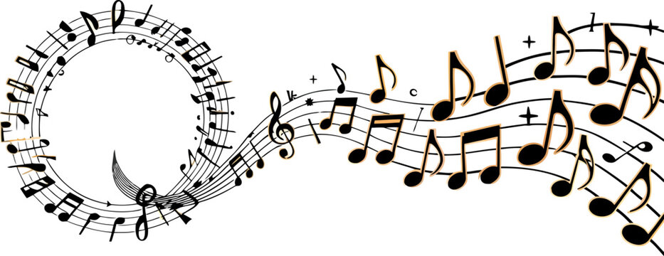 Musical notes and staff flowing in a swirling pattern on a white background treble clef