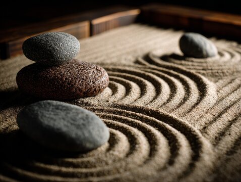 Smooth river stones rest on rippled sand, showcasing natural textures and patterns.