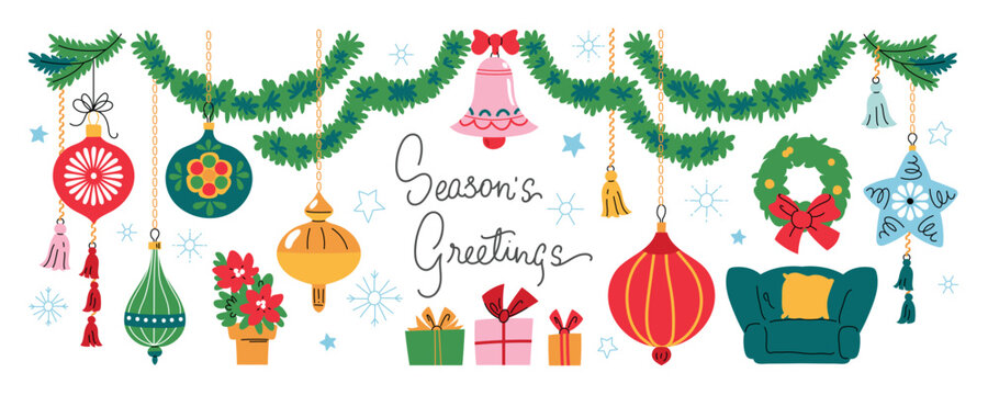 Merry christmas and happy new year decoration element set. Holidays greeting for design, poster, print, background.