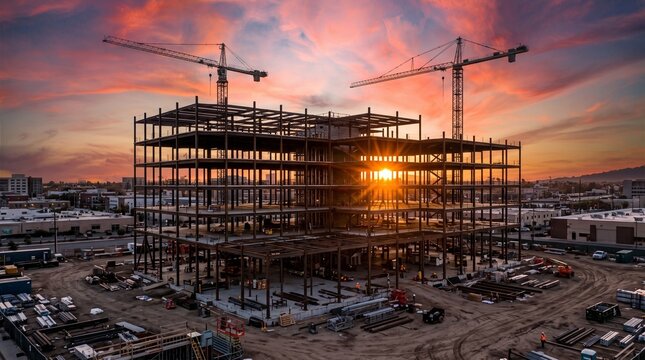 Construction site with cranes at sunset with large building under construction two cranes vibrant orange pink sunset background architecture