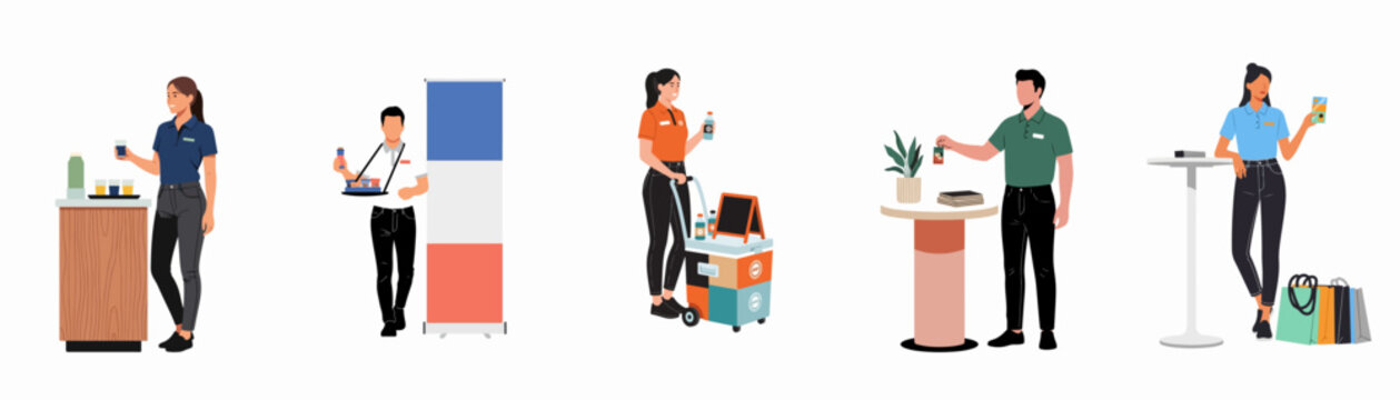 Flat vector illustration set of promotional staff and event hostesses providing services, sampling products, and managing marketing booths at an exhibition.