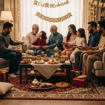A warm family gathering celebrating Eid Mubarak with traditional attire, festive decorations, and an abundance of sweet treats on a cozy living room table