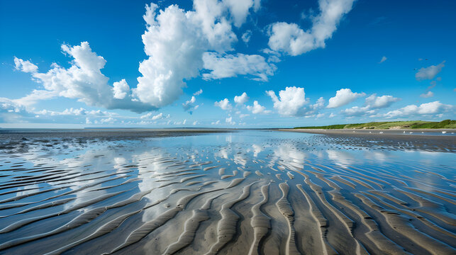 Stunning blue sky and cloud reflection on sandy beach at Sonadia Island Bangladesh