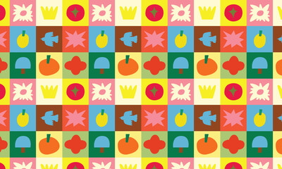 Fototapeta premium Colorful checkerboard geometric seamless pattern with cute hand drawn elements