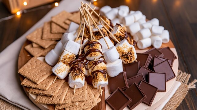 Round wooden s'mores dessert board with toasted marshmallows, graham crackers, and dark chocolate squares for cozy gatherings