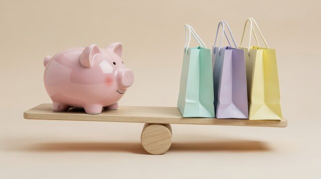 A pink piggy bank balances on one side of a wooden seesaw, while three pastel-colored shopping bags hang on the other side.