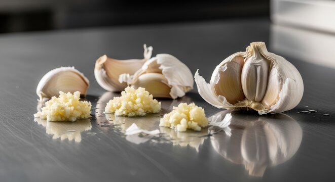 Minced Garlic Cloves and Whole Garlic Bulbs on a Reflective Surface