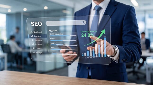 SEO dashboard interface showing keyword analytics and positive traffic growth percentage on futuristic transparent screen held by businessman in suit for digital marketing strat...