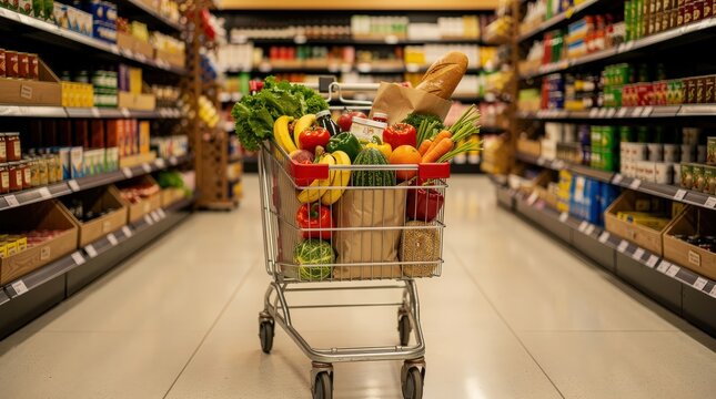 A shopping cart filled with fresh groceries and various food items in the aisle of a well-stocked supermarket.
