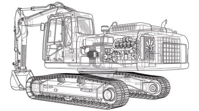 Transparent technical drawing of heavy construction excavator