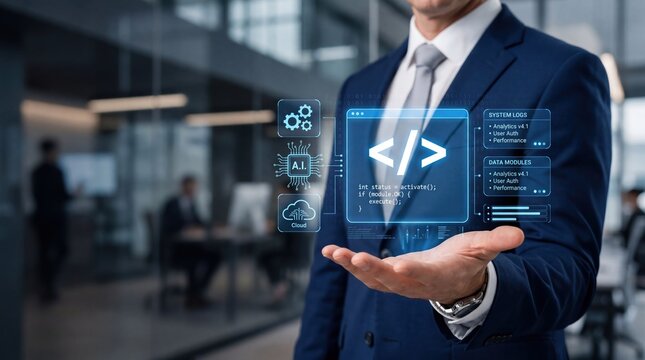 Businessman Holding Holographic Coding Screen With Programming Script And Data Modules, Software Development And IT Solutions In Corporate Office